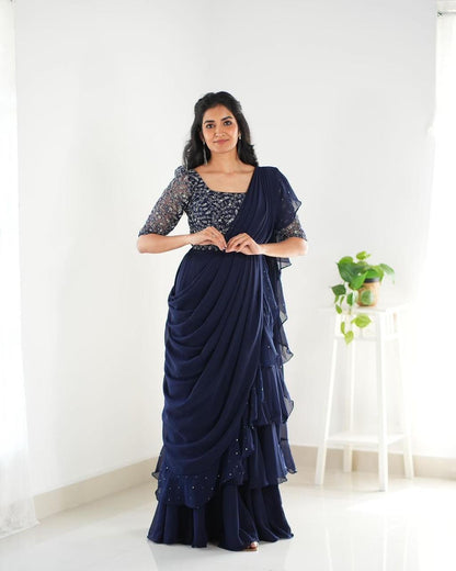 Party Wear Shining Work Navy Blue Lehenga Saree