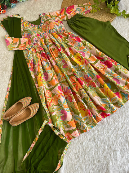 Aliya Cut Multi Color Anarkali Dress With Mehndi Dupatta