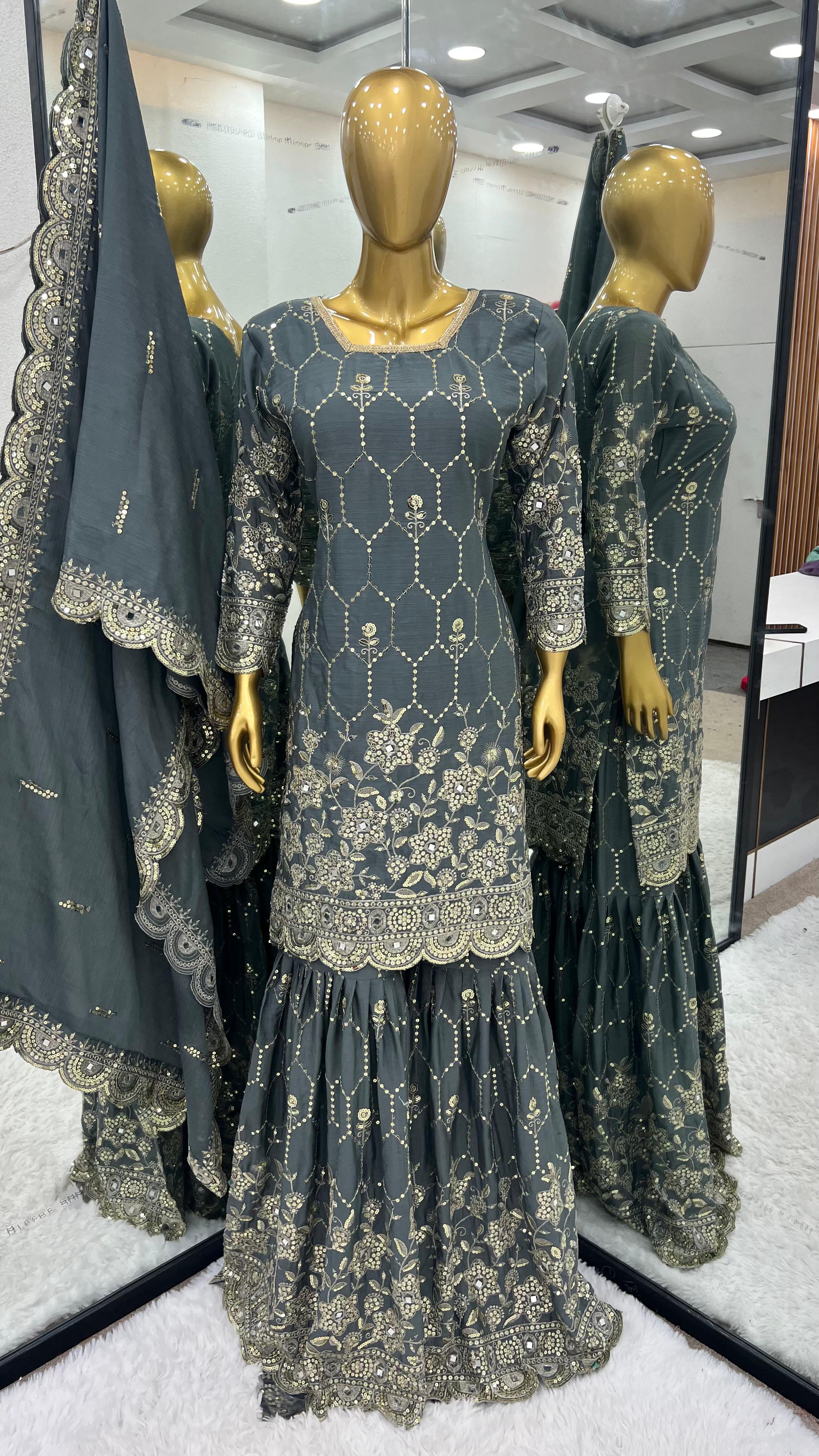 Real Mirror Embroidery Work Grey Color Sharara Suit