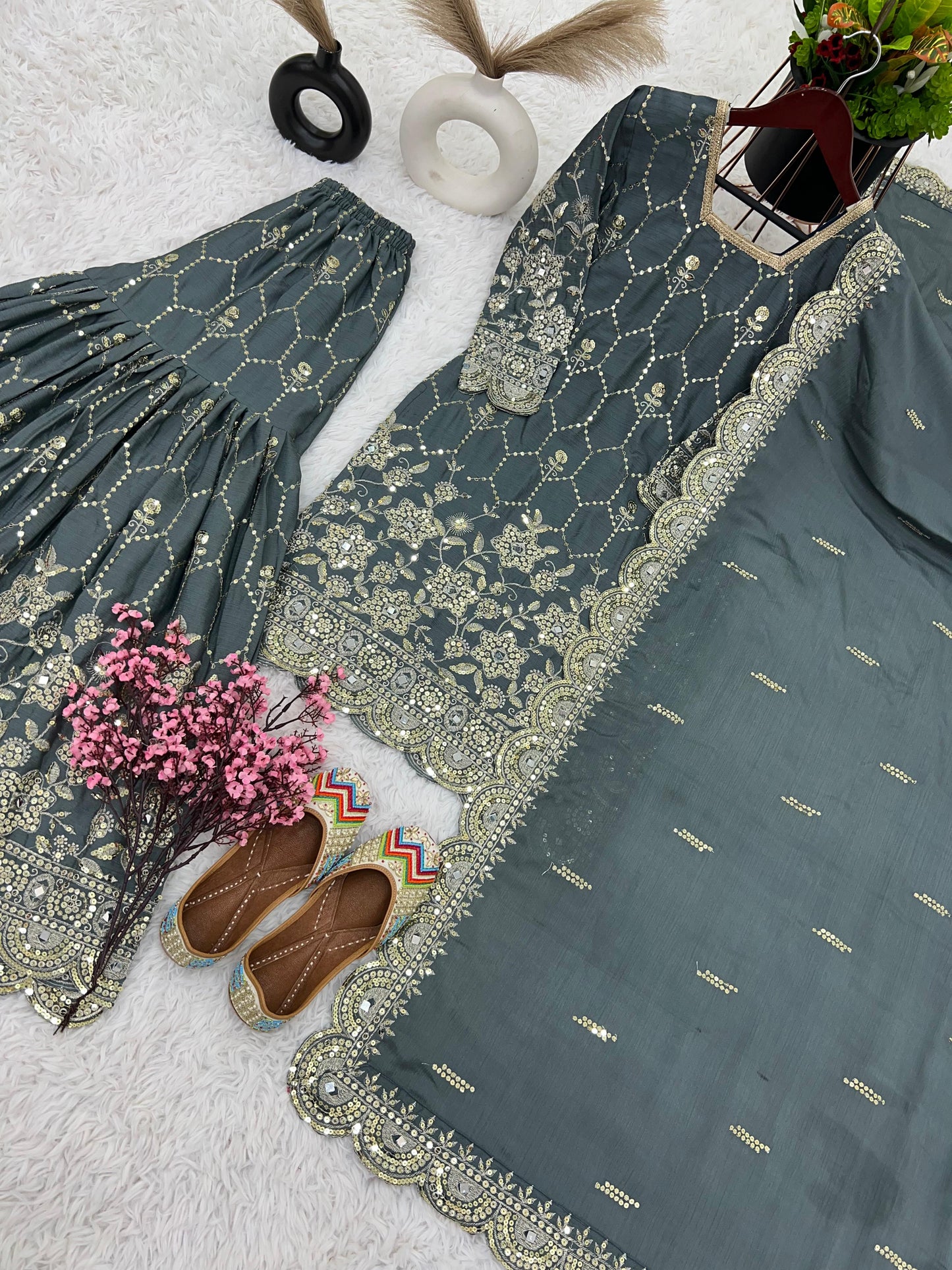 Real Mirror Embroidery Work Grey Color Sharara Suit