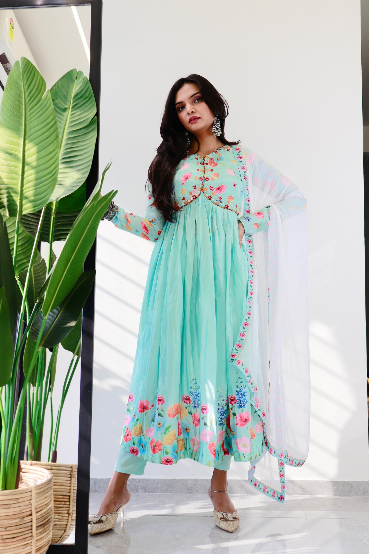 Fantastic Aqua Blue Color Multi Printed Anarkali Suit