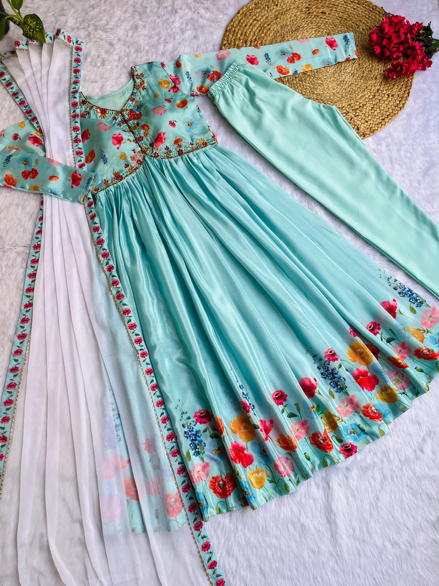 Fantastic Aqua Blue Color Multi Printed Anarkali Suit