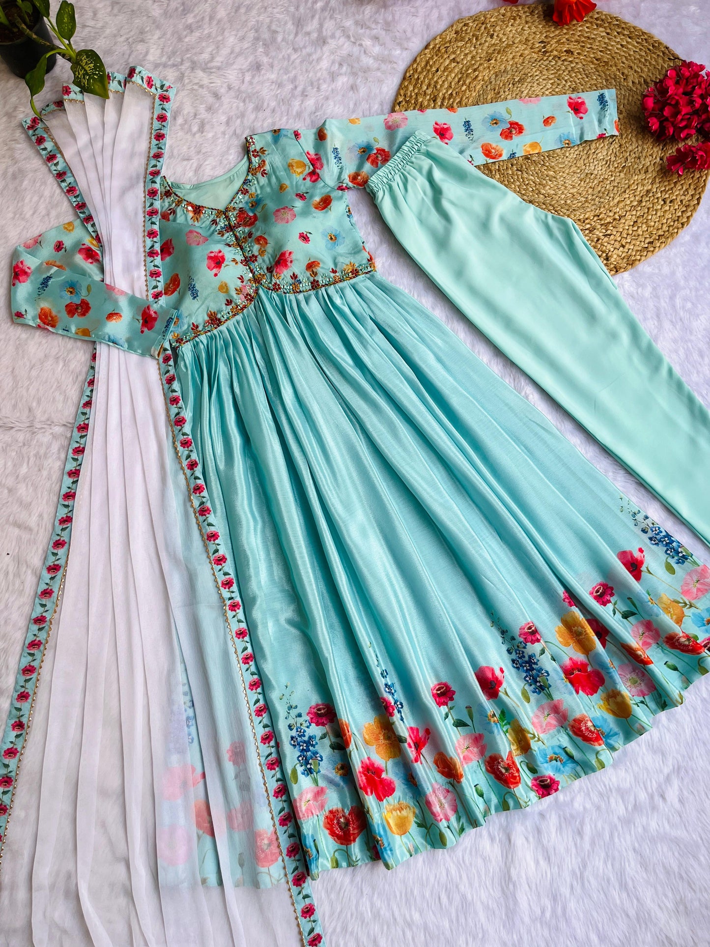 Fantastic Aqua Blue Color Multi Printed Anarkali Suit