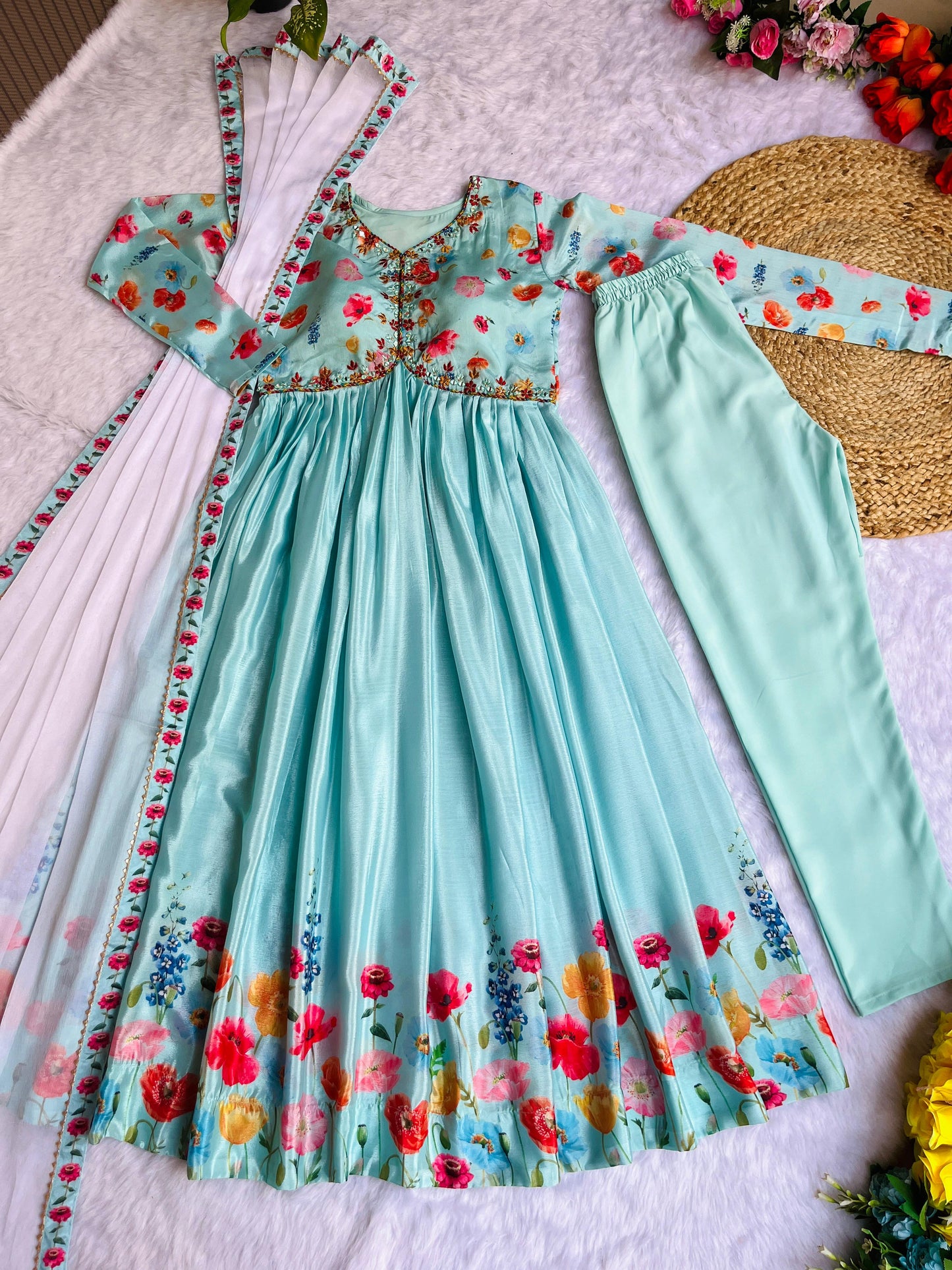 Fantastic Aqua Blue Color Multi Printed Anarkali Suit