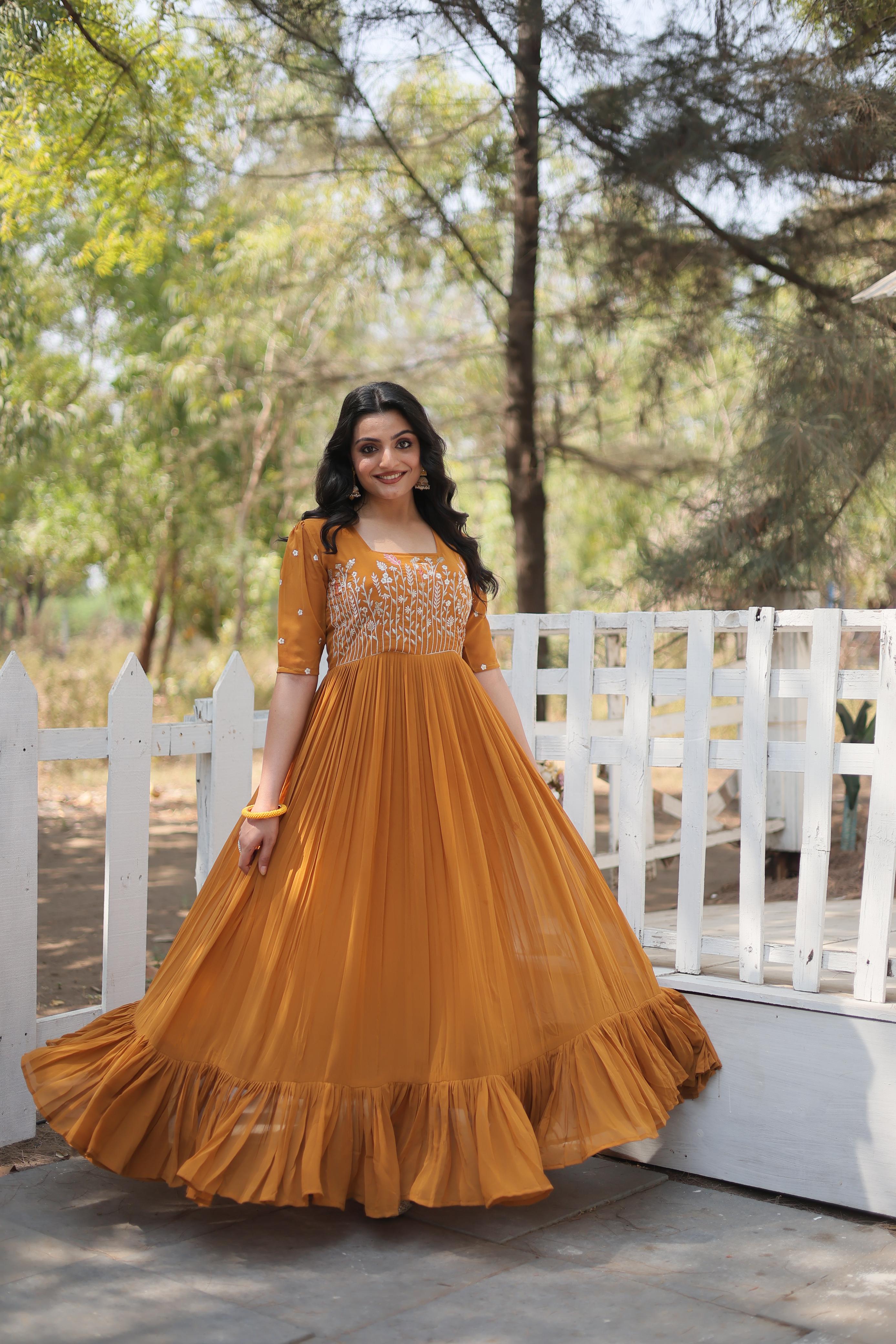 Party Wear Multi Thread Work Mustard Color Gown