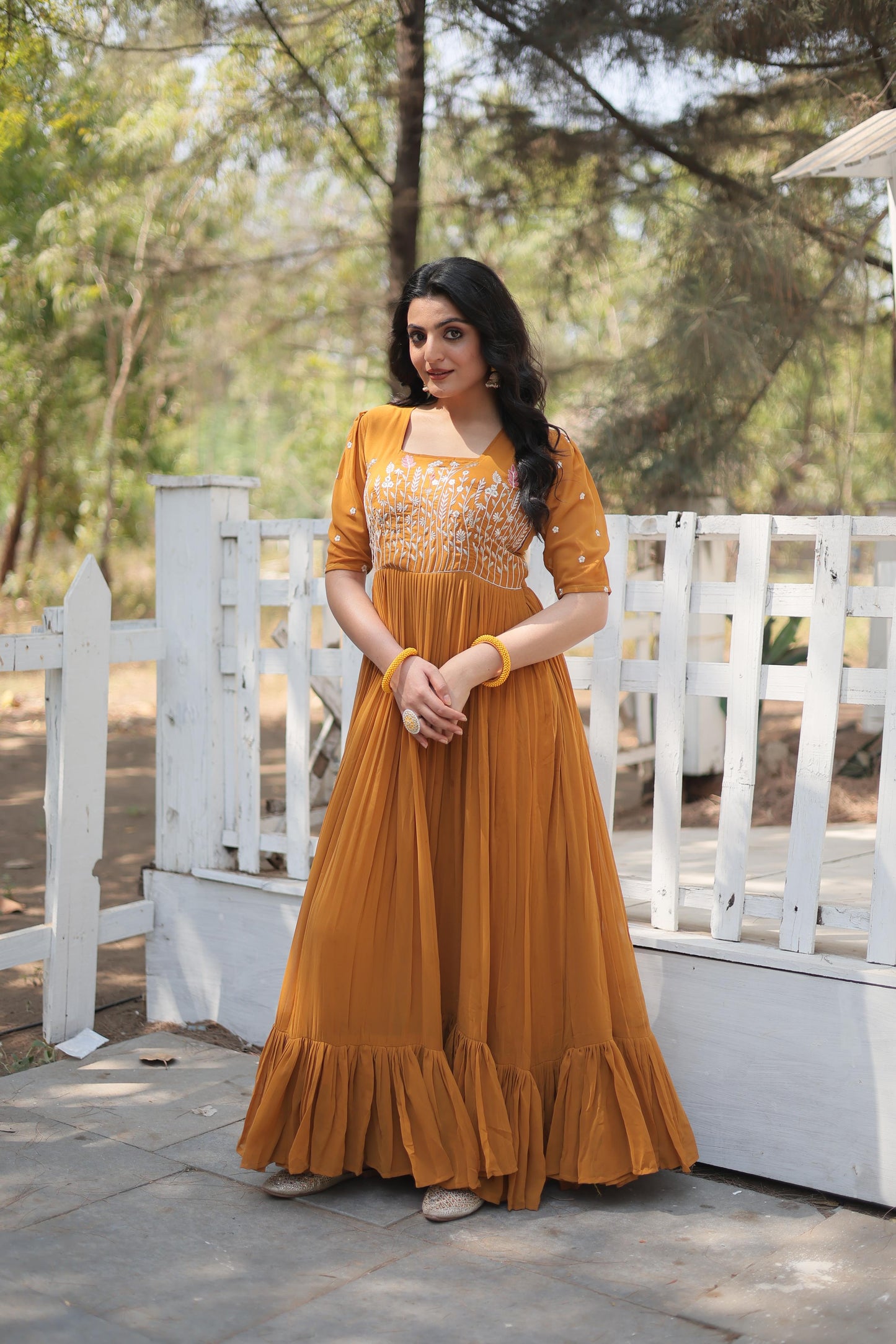 Party Wear Multi Thread Work Mustard Color Gown