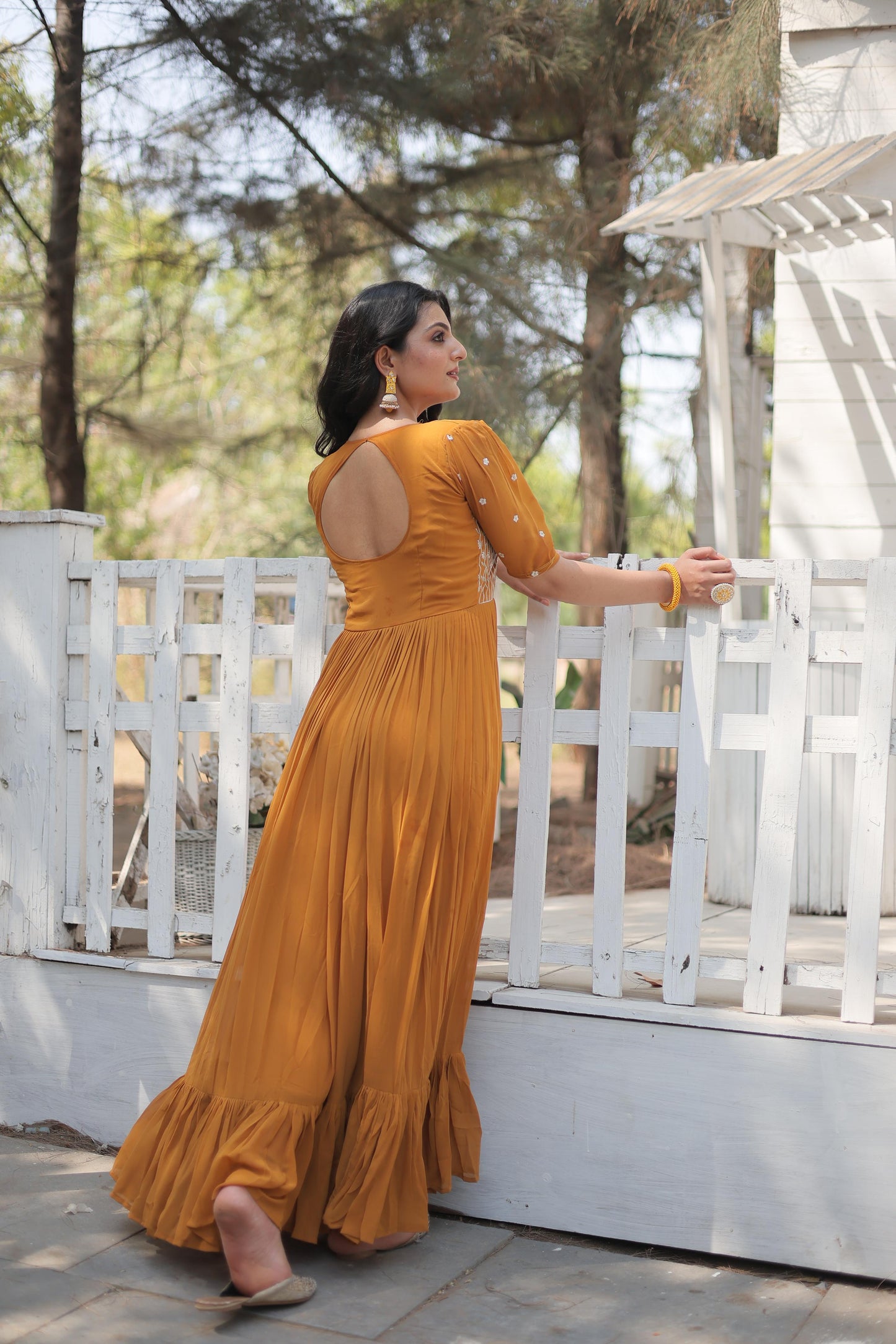 Party Wear Multi Thread Work Mustard Color Gown