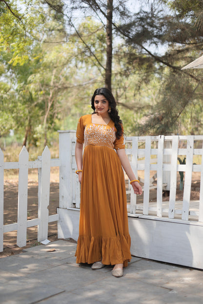 Party Wear Multi Thread Work Mustard Color Gown