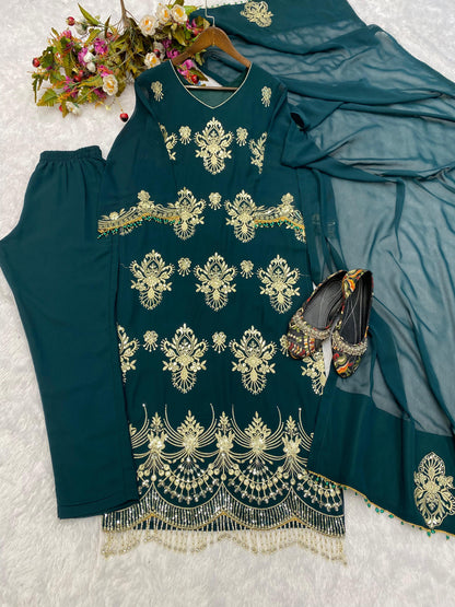 Desirable Fancy Green Color Faux Georgette Sequence Embroidered Work Top And Pent With Dupatta