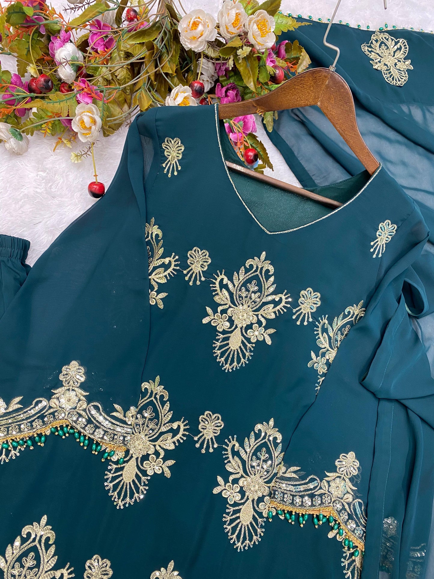 Desirable Fancy Green Color Faux Georgette Sequence Embroidered Work Top And Pent With Dupatta