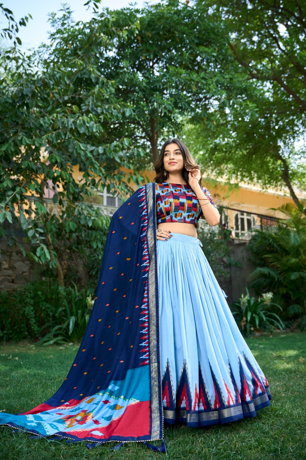 Function Wear Sky Blue Printed Lehenga Choli