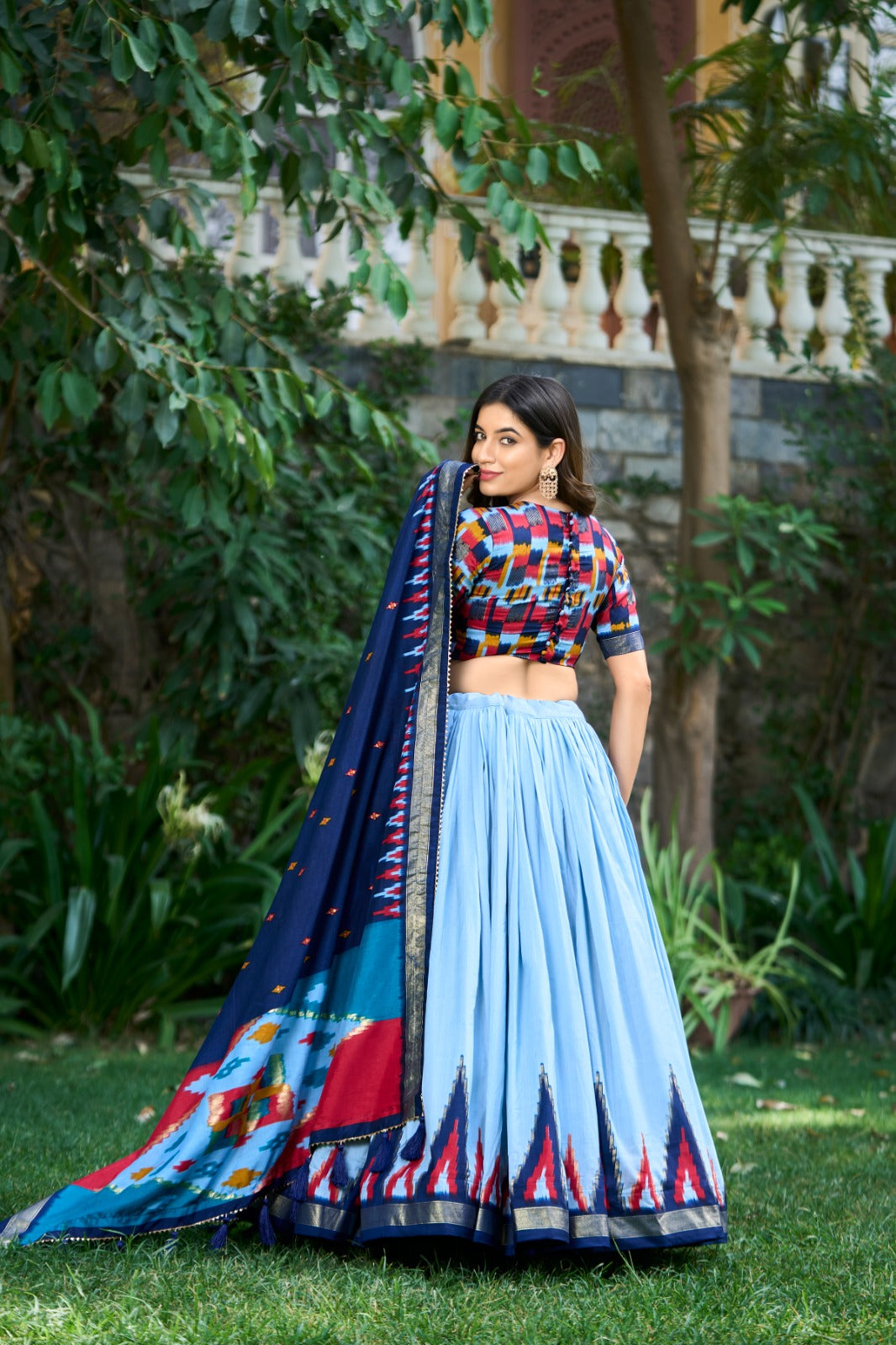 Function Wear Sky Blue Printed Lehenga Choli