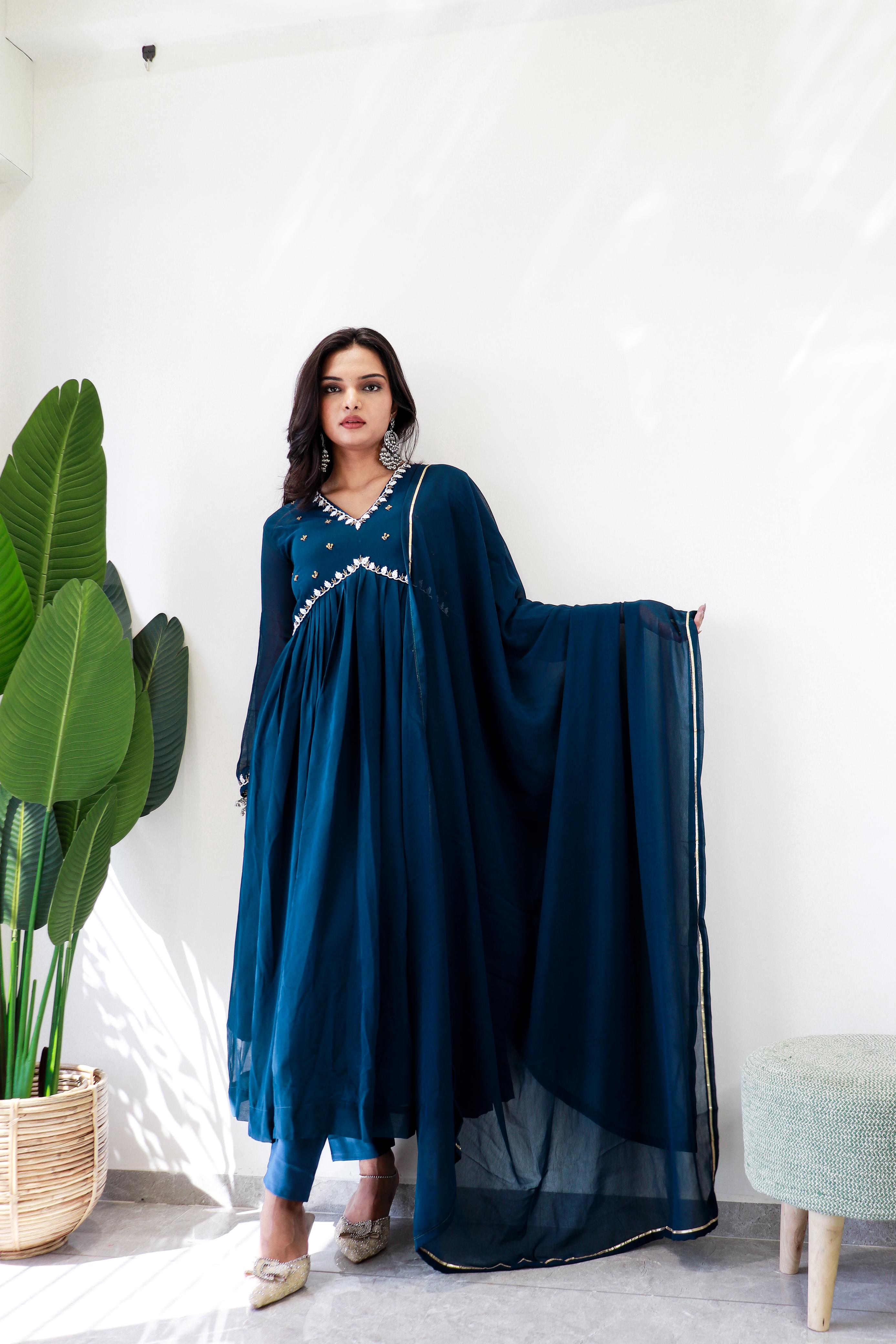 Occasion Wear Teal Blue Georgette Anarkali Suit