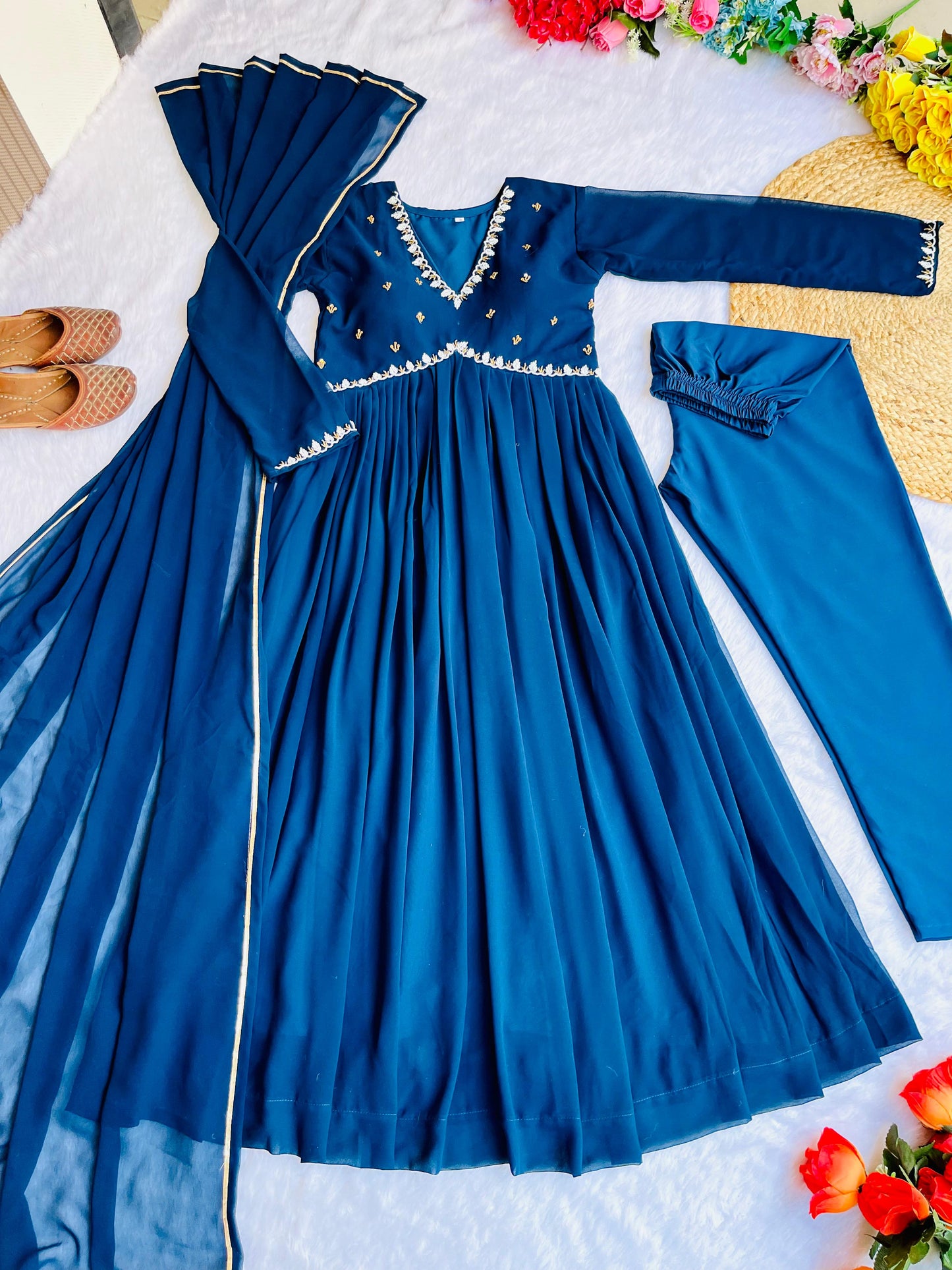 Occasion Wear Teal Blue Georgette Anarkali Suit