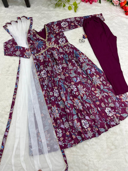 Beautiful Hand Work With printed Wine Color Anarkali Suit