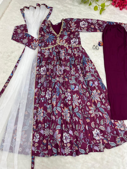 Beautiful Hand Work With printed Wine Color Anarkali Suit