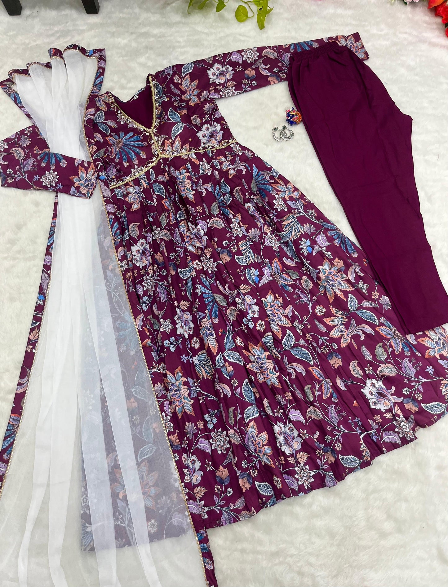 Beautiful Hand Work With printed Wine Color Anarkali Suit