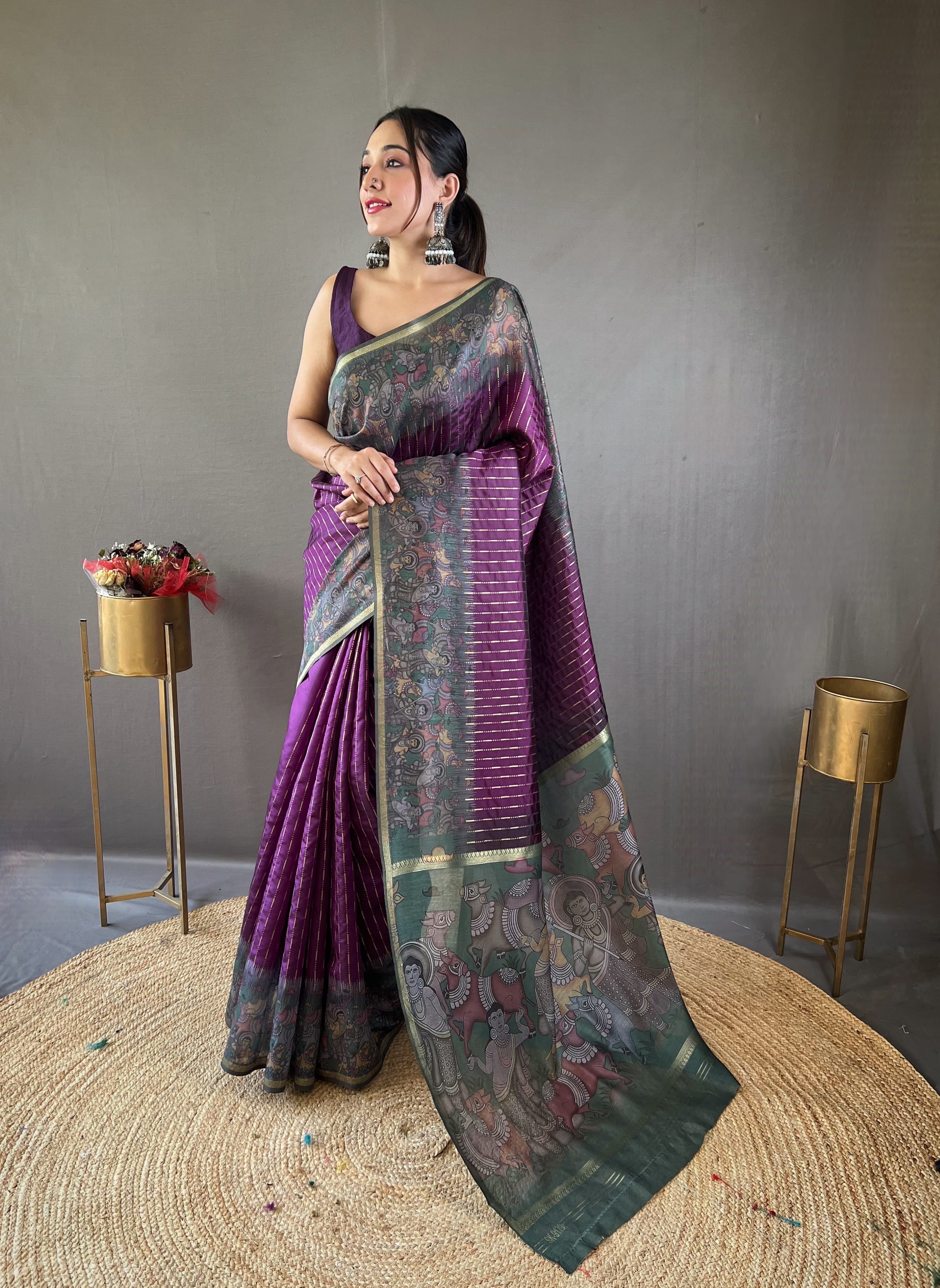 Latest Digital Print With Fancy Pallu Purple Color Silk Saree