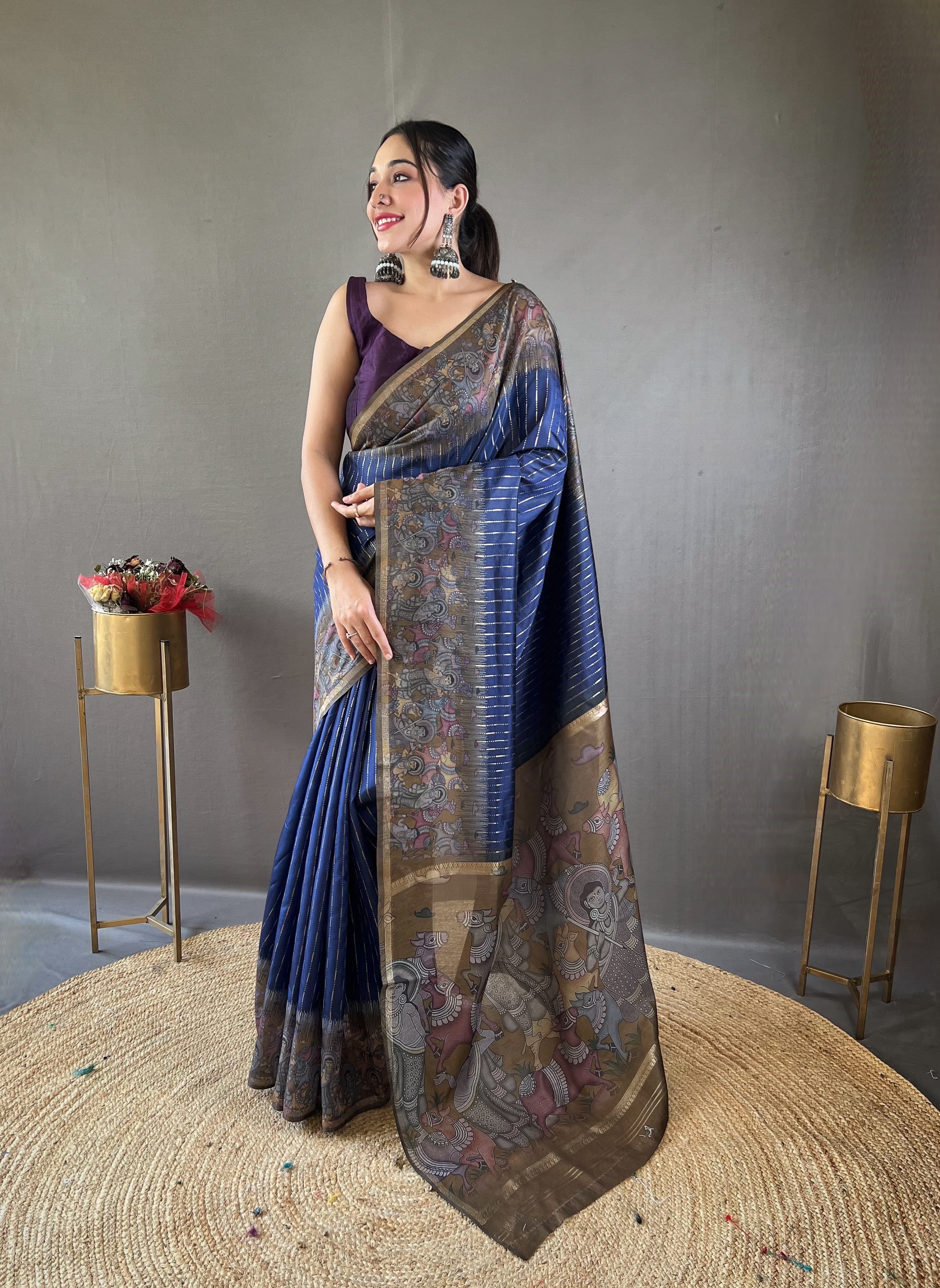 Latest Digital Print With Fancy Pallu Navy Blue Color Silk Saree