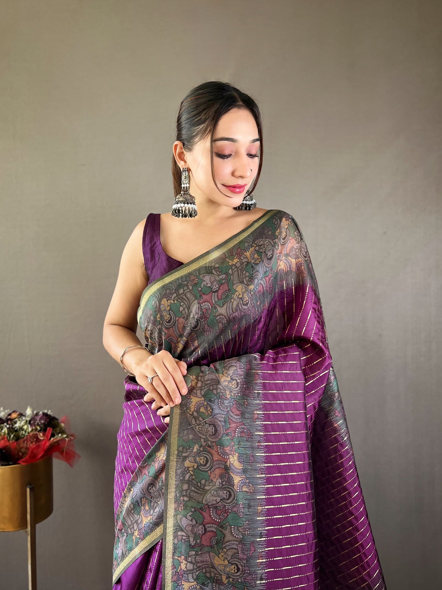 Latest Digital Print With Fancy Pallu Purple Color Silk Saree