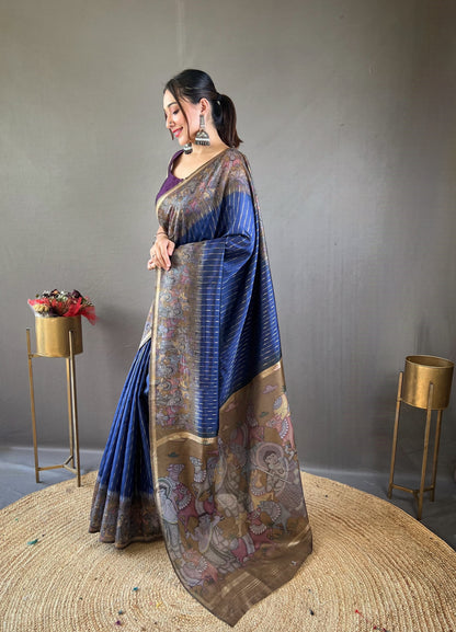 Latest Digital Print With Fancy Pallu Navy Blue Color Silk Saree