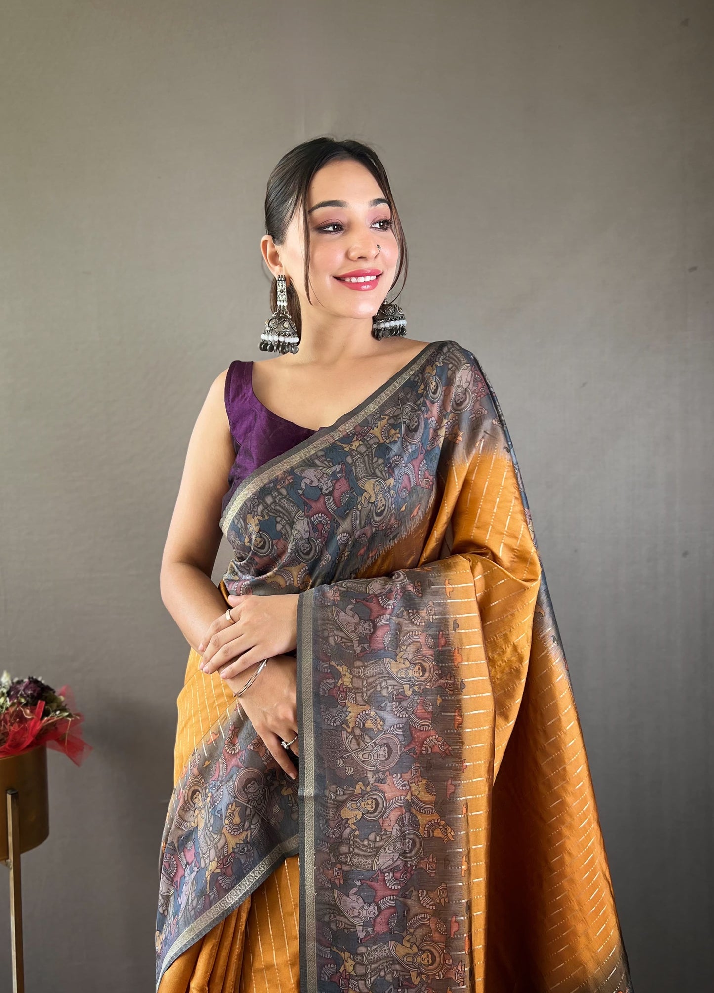 Latest Digital Print With Fancy Pallu Mustard Color Silk Saree