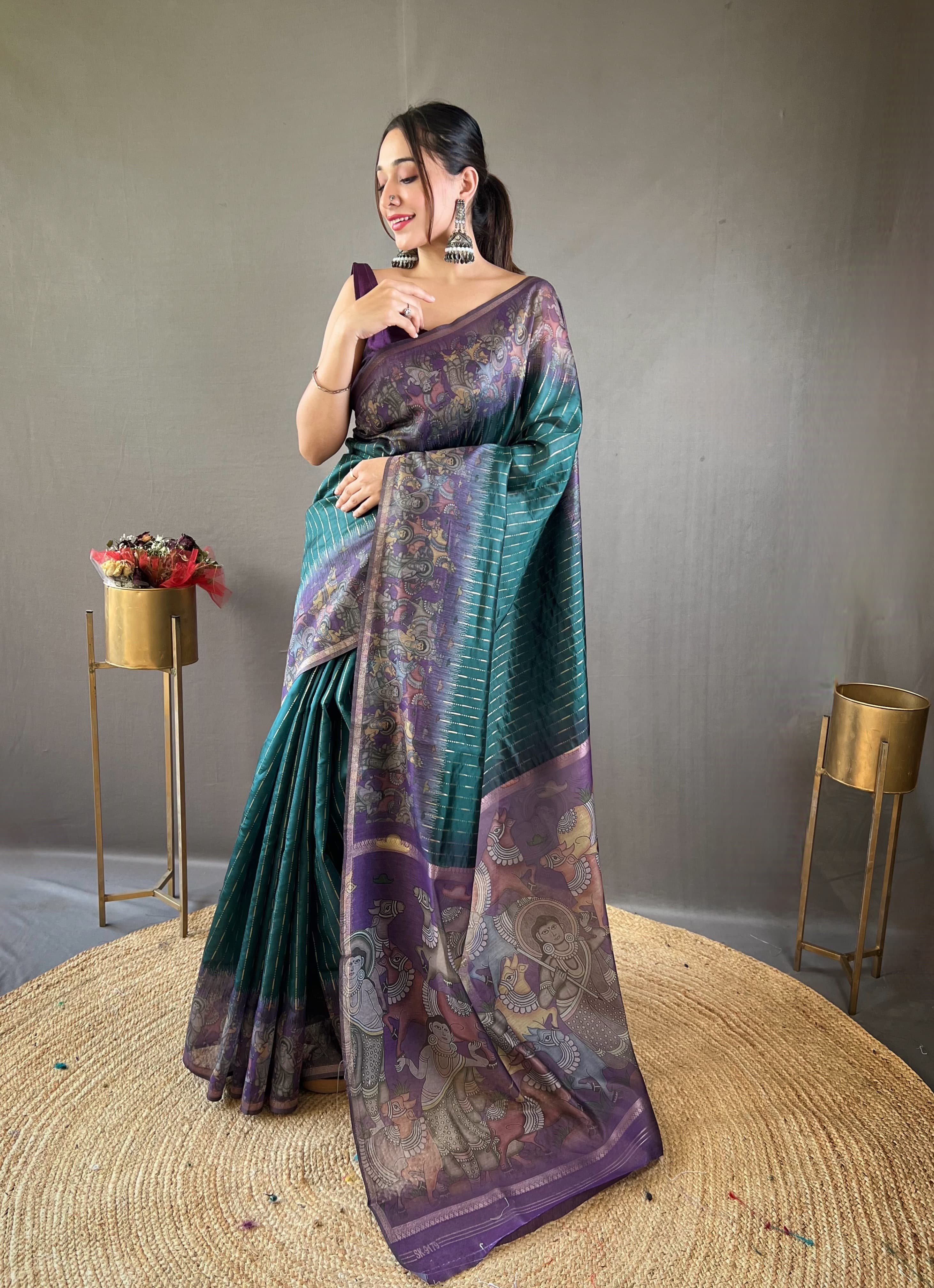 Latest Digital Print With Fancy Pallu Teal Blue Color Silk Saree