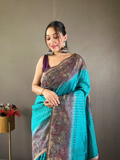 Latest Digital Print With Fancy Pallu Sky Blue Color Silk Saree