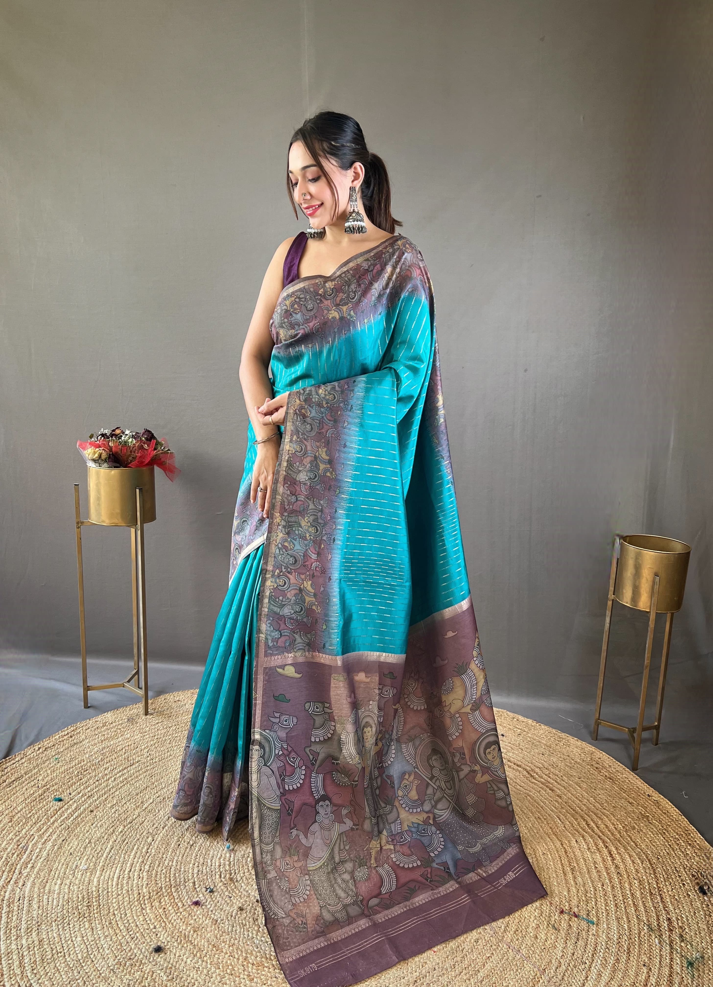 Latest Digital Print With Fancy Pallu Sky Blue Color Silk Saree