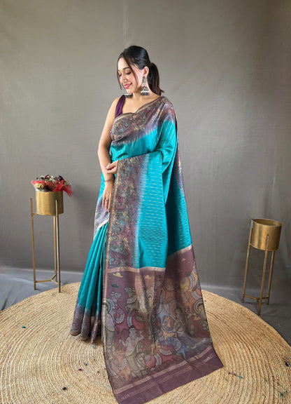 Latest Digital Print With Fancy Pallu Sky Blue Color Silk Saree