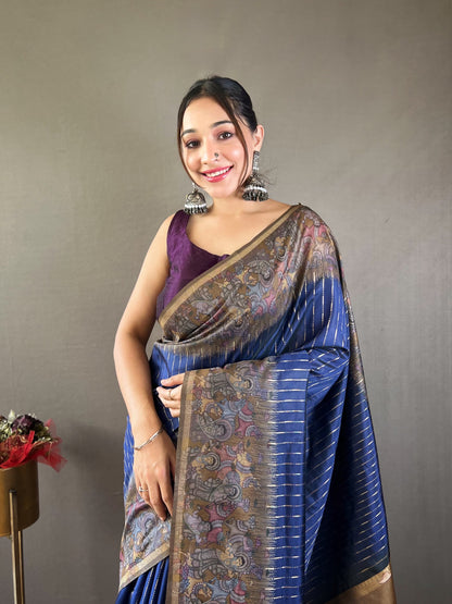 Latest Digital Print With Fancy Pallu Navy Blue Color Silk Saree