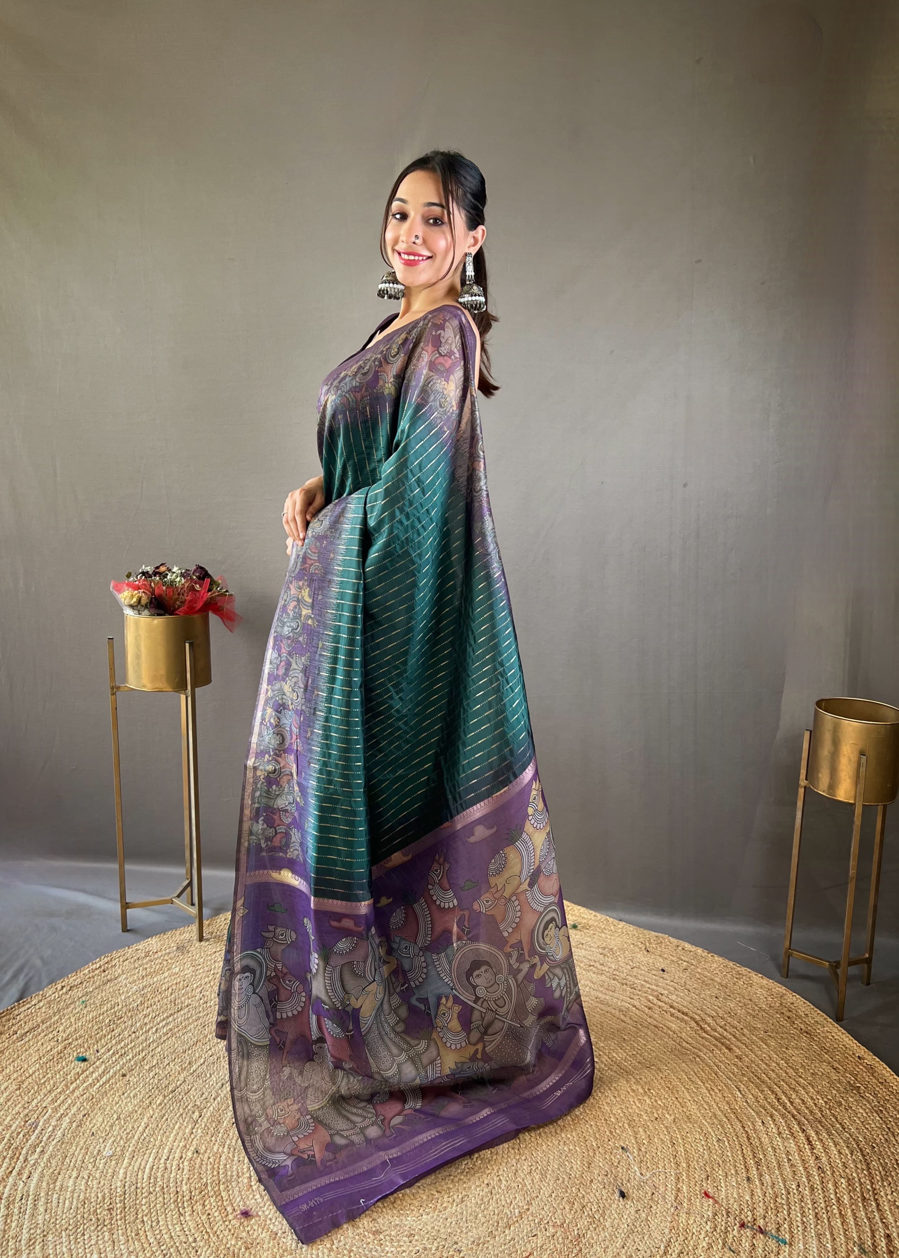 Latest Digital Print With Fancy Pallu Teal Blue Color Silk Saree