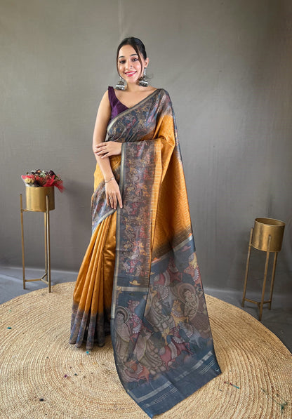 Latest Digital Print With Fancy Pallu Mustard Color Silk Saree