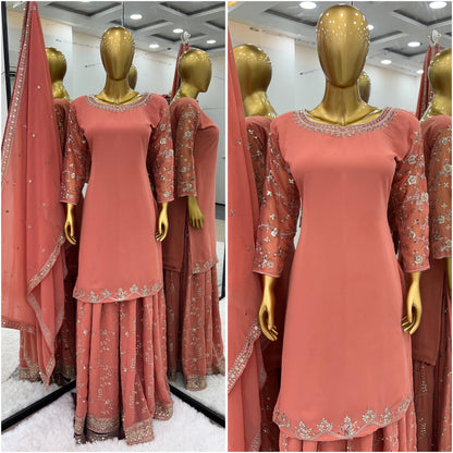 Peach Color Sequence Embroidery Sharara Suit