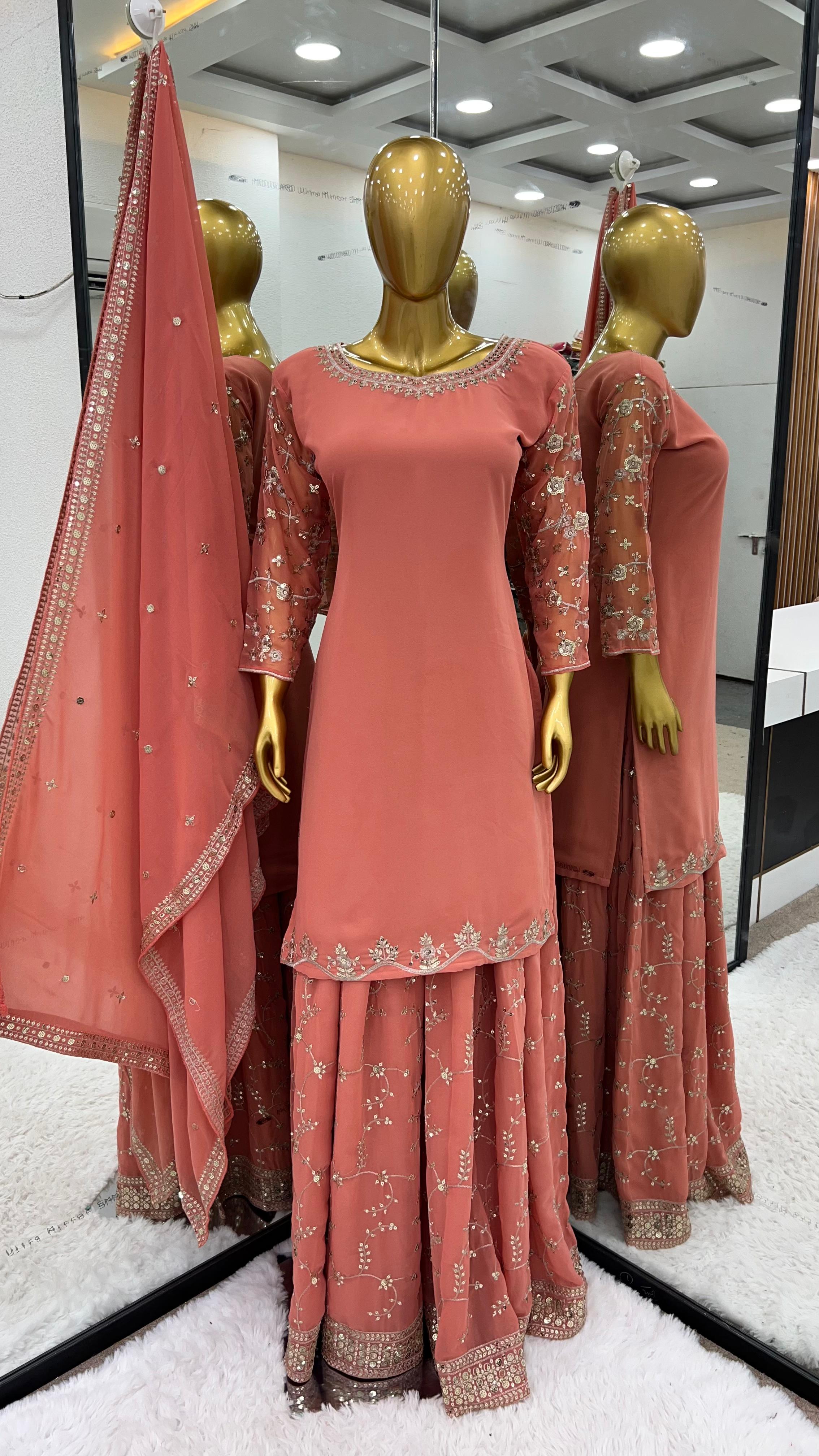 Peach Color Sequence Embroidery Sharara Suit