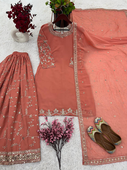 Peach Color Sequence Embroidery Sharara Suit