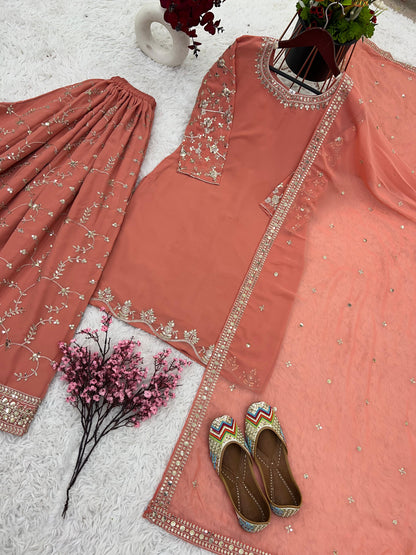 Peach Color Sequence Embroidery Sharara Suit