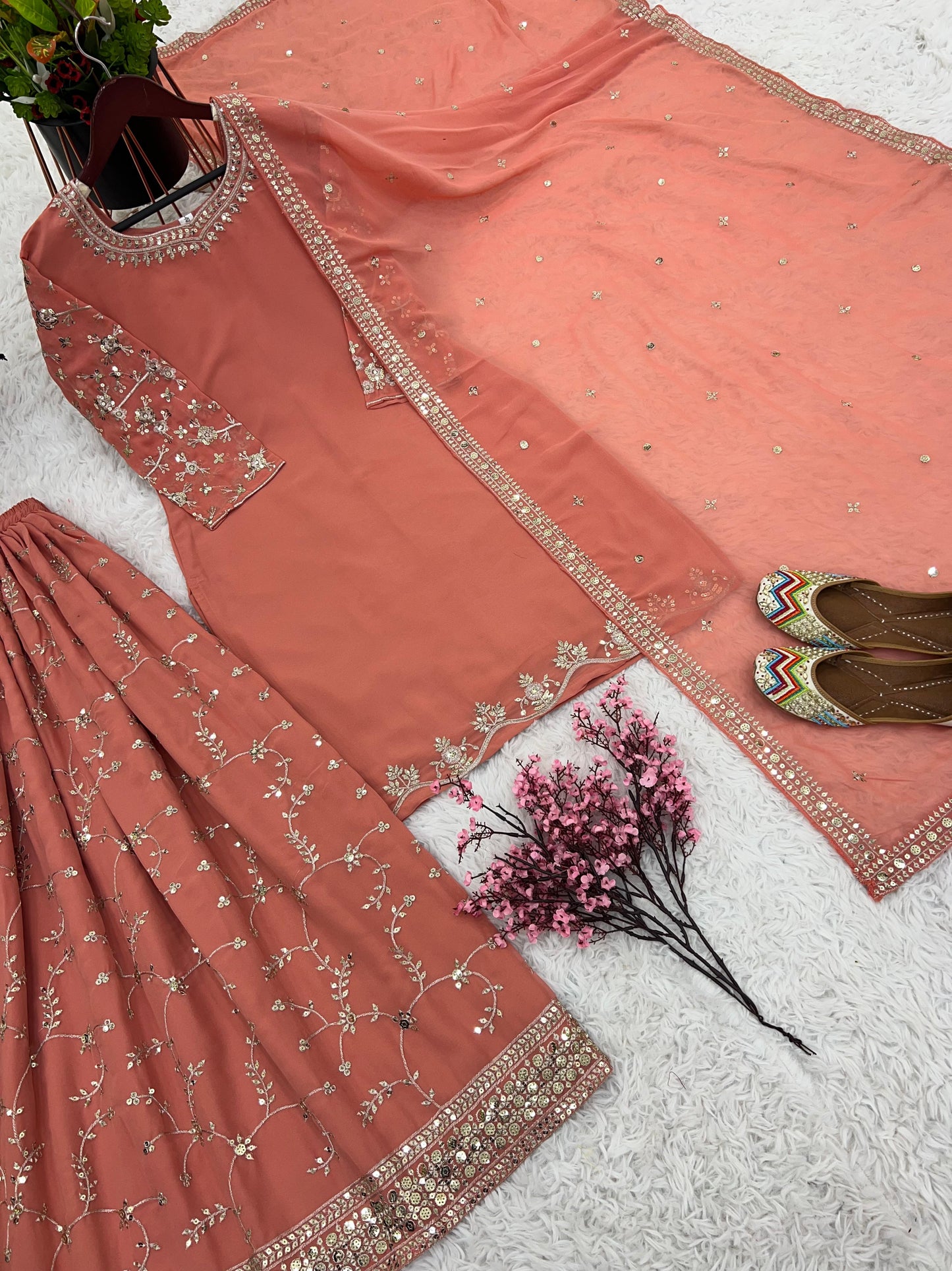 Peach Color Sequence Embroidery Sharara Suit