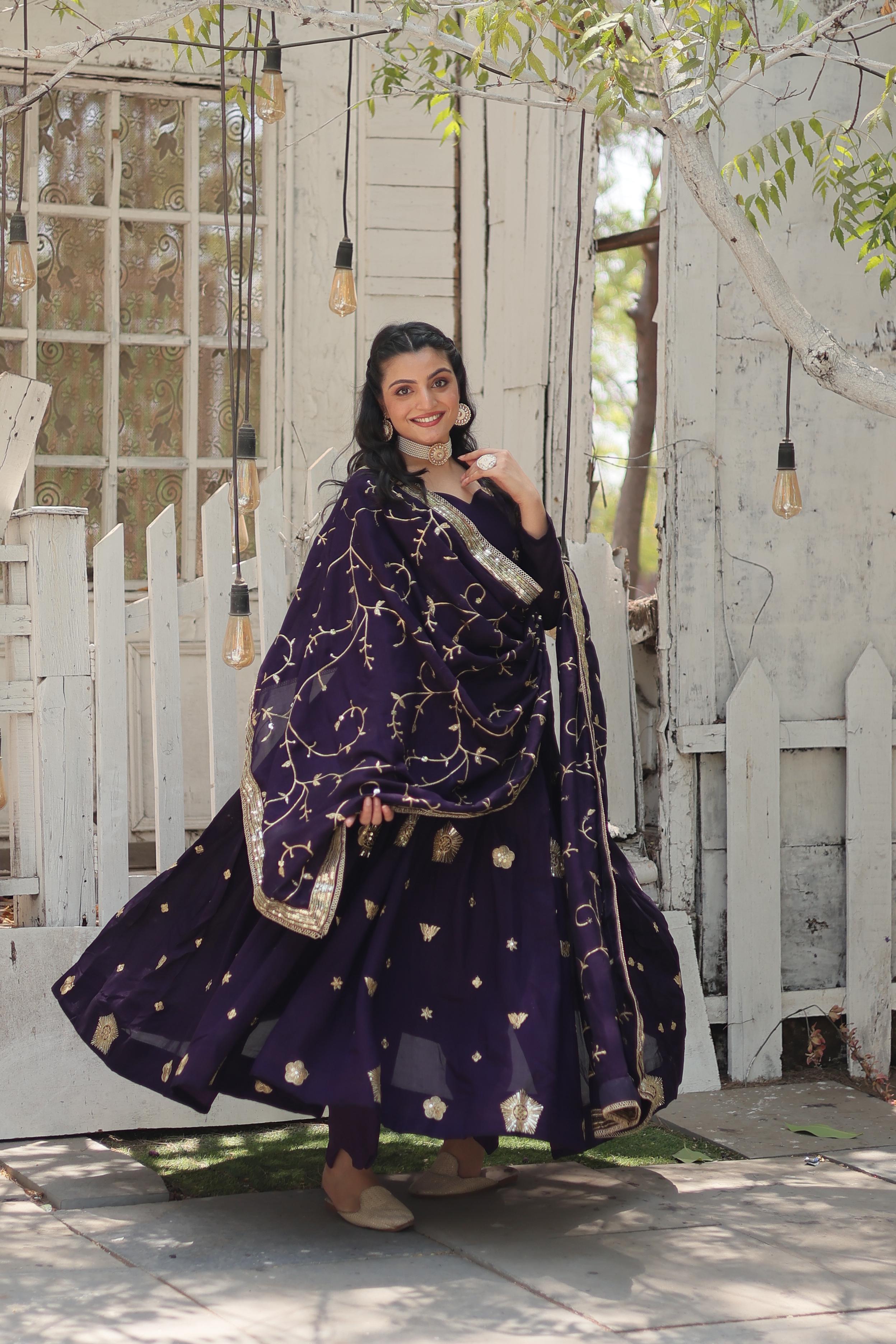 Stunning Purple Embroidered Silk Wedding Wear Designer Gown With Dupatta