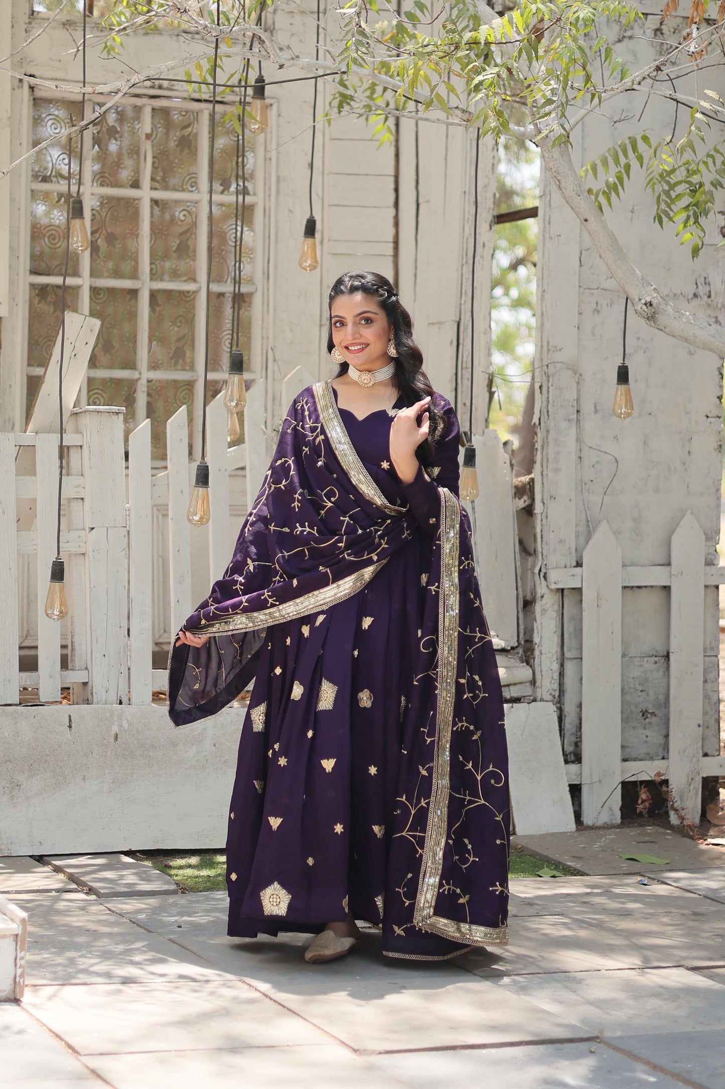 Stunning Purple Embroidered Silk Wedding Wear Designer Gown With Dupatta