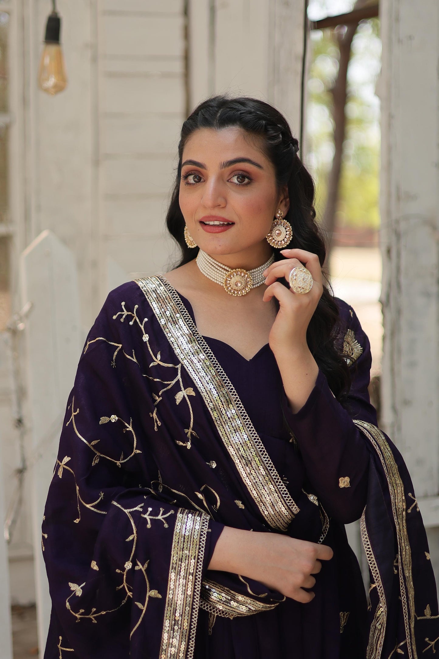 Stunning Purple Embroidered Silk Wedding Wear Designer Gown With Dupatta