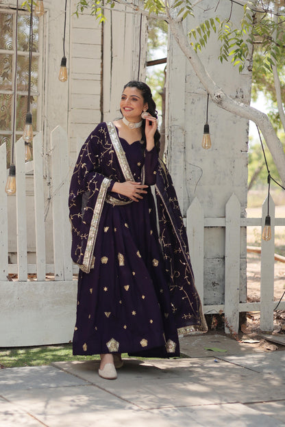 Stunning Purple Embroidered Silk Wedding Wear Designer Gown With Dupatta