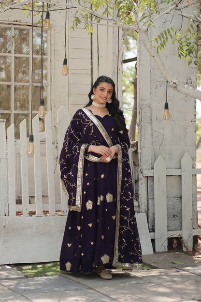 Stunning Purple Embroidered Silk Wedding Wear Designer Gown With Dupatta