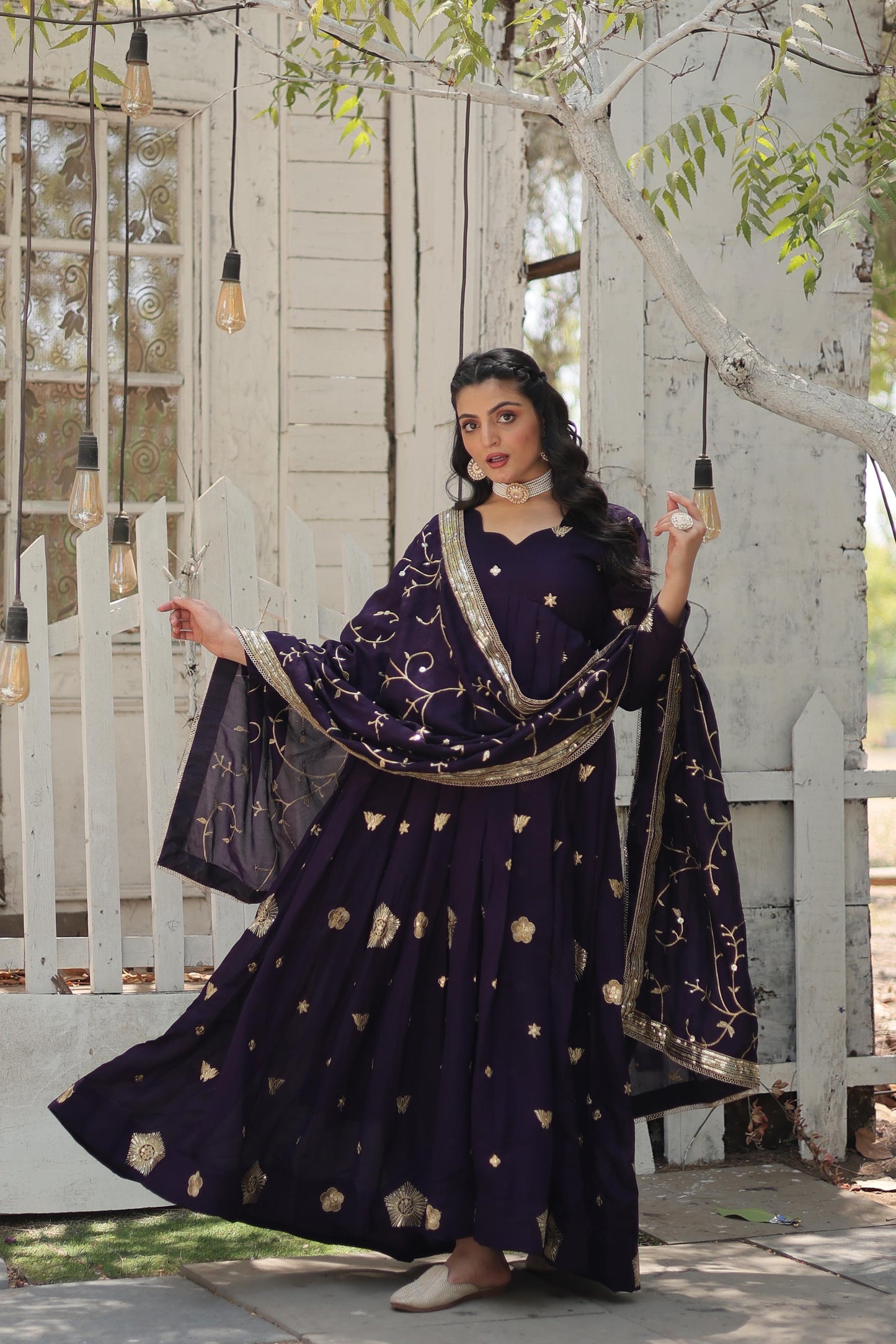 Stunning Purple Embroidered Silk Wedding Wear Designer Gown With Dupatta