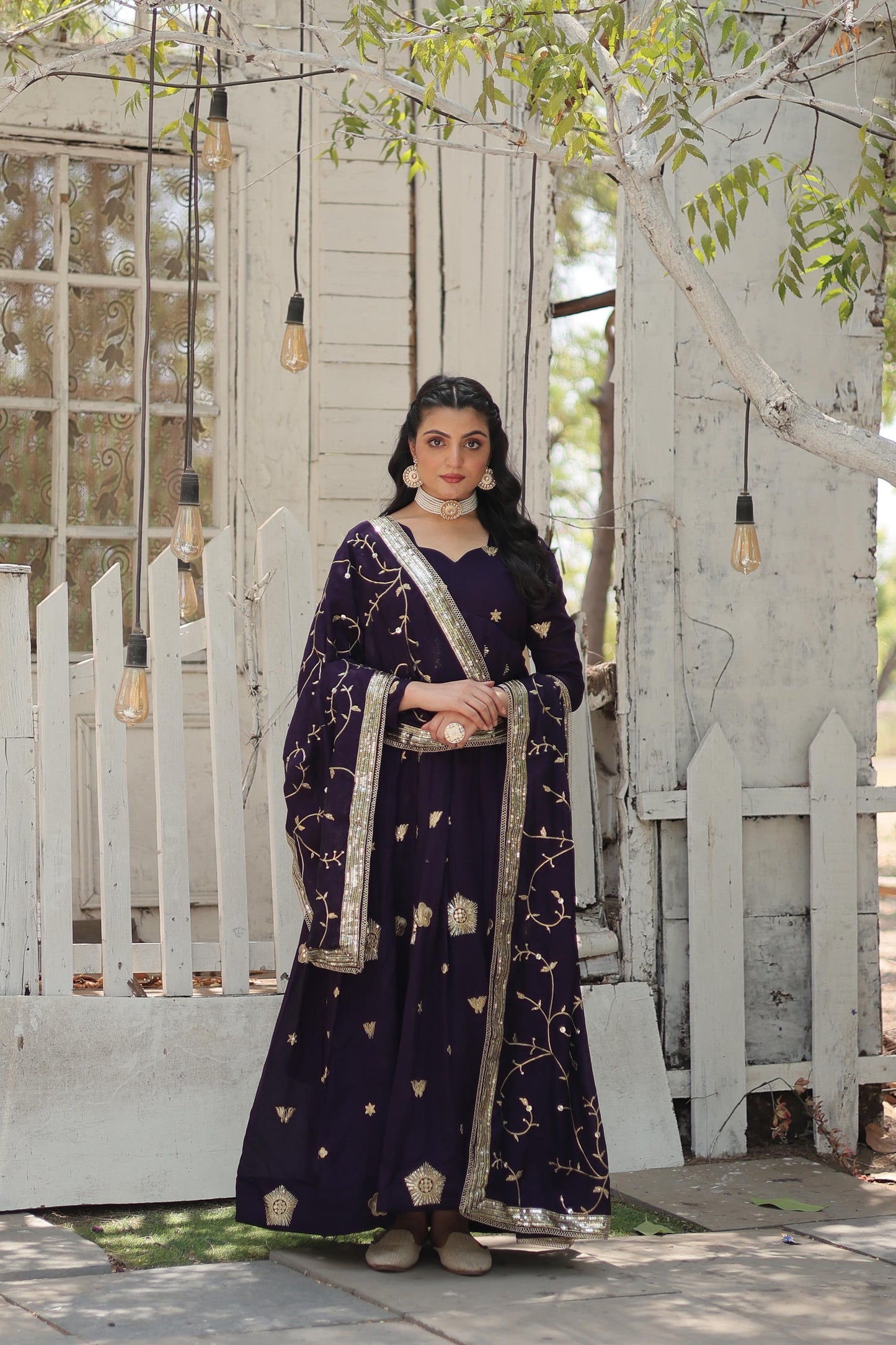 Stunning Purple Embroidered Silk Wedding Wear Designer Gown With Dupatta