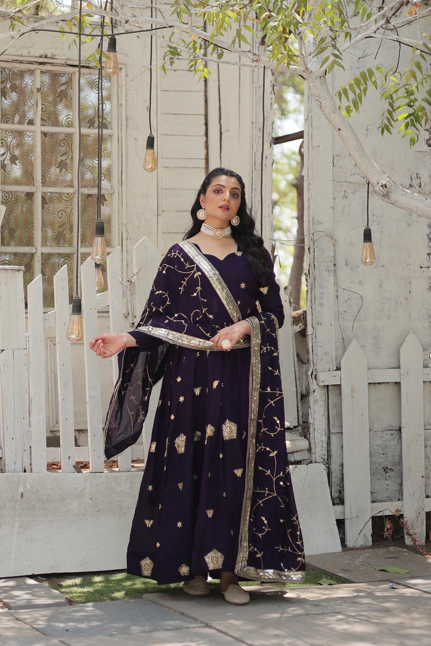 Stunning Purple Embroidered Silk Wedding Wear Designer Gown With Dupatta