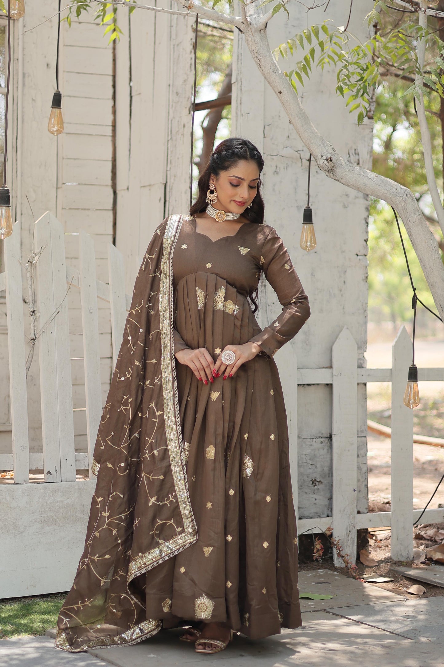 Classy Brown Embroidered Work Party Wear Designer Gown With Dupatta