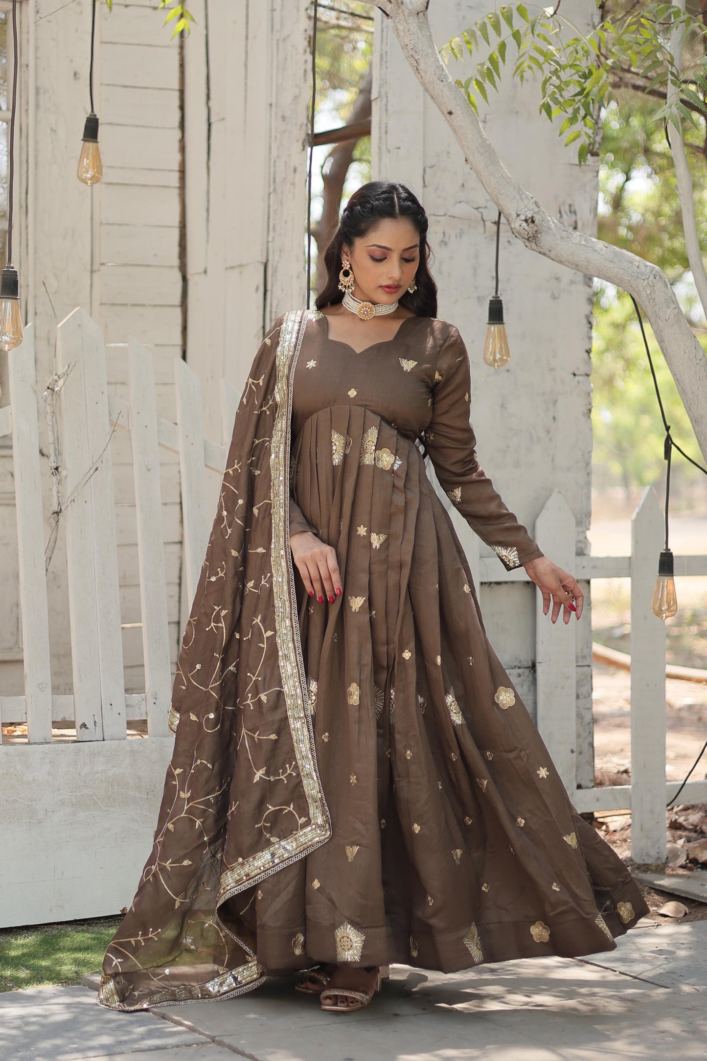 Classy Brown Embroidered Work Party Wear Designer Gown With Dupatta