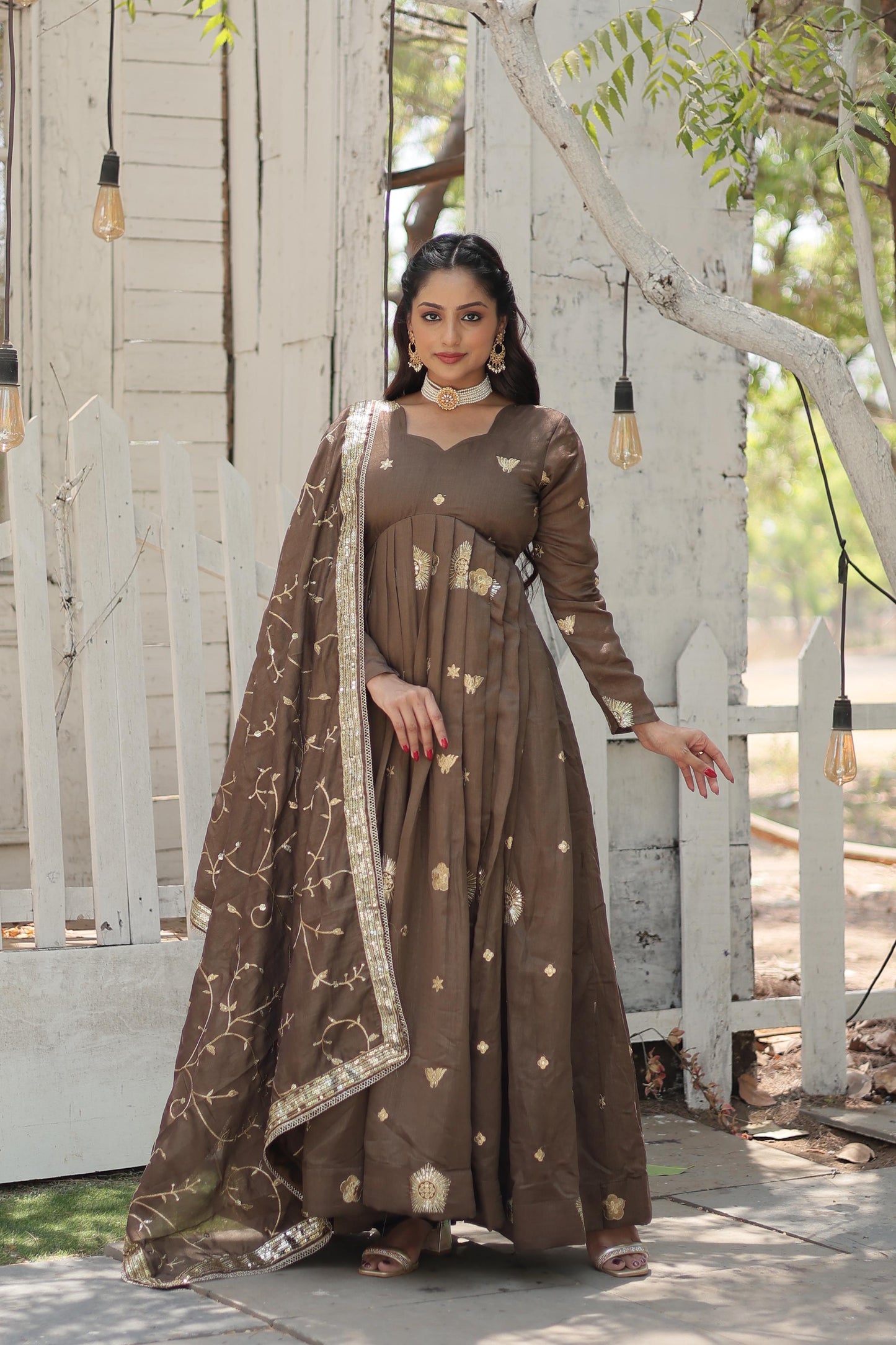 Classy Brown Embroidered Work Party Wear Designer Gown With Dupatta