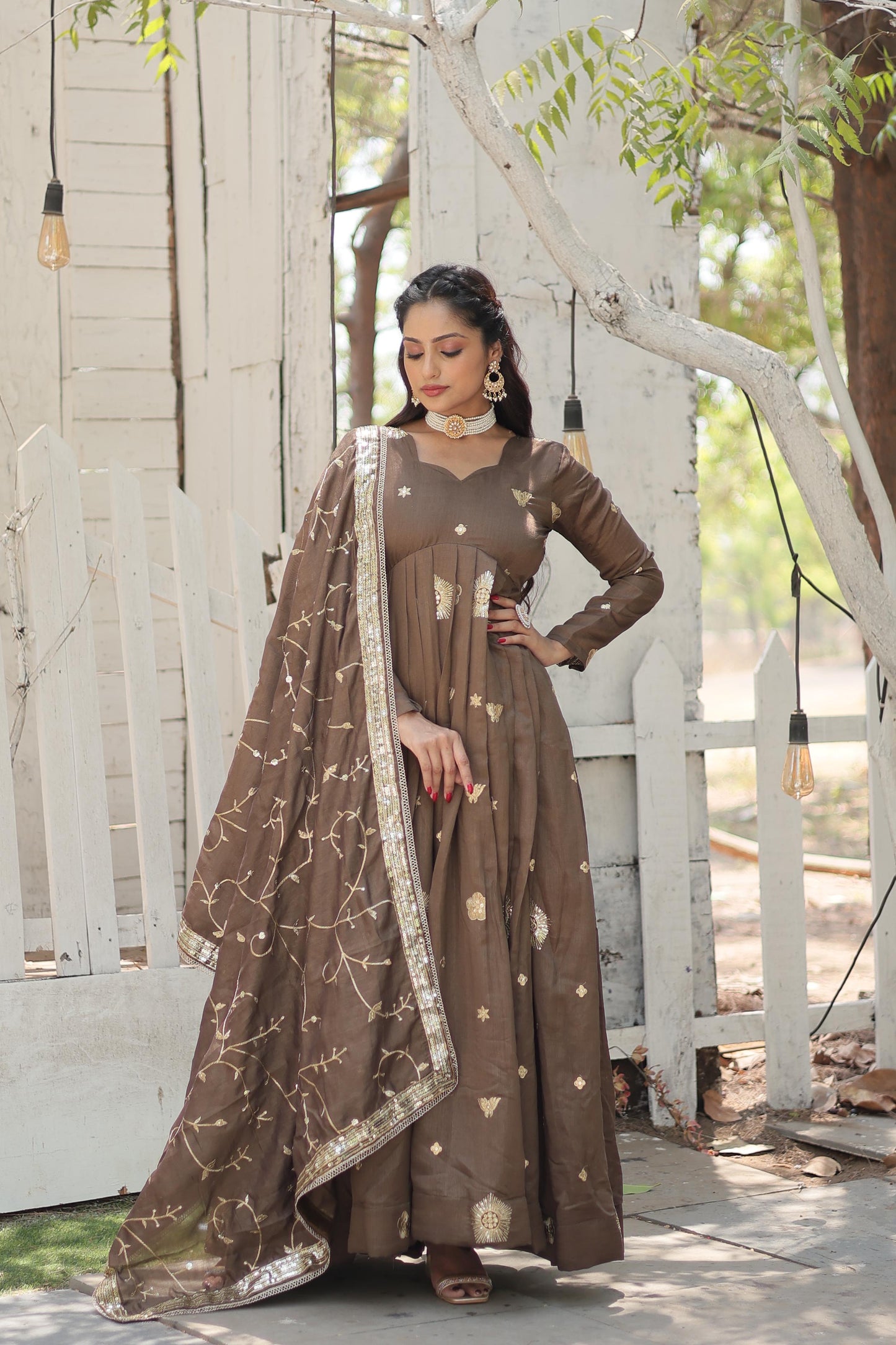 Classy Brown Embroidered Work Party Wear Designer Gown With Dupatta